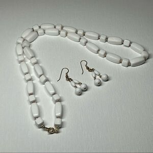 Vintage Demi Parure White Beaded Necklace w/ Matching Hook Earrings